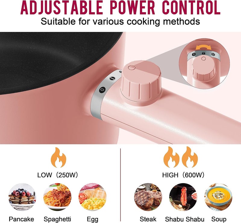 TopWit Hot Pot Electric, 1.5L Ramen Cooker, Portable Non-Stick Frying Pan, Electric Pot for Pasta, Steak, BPA Free, Electric Cooker with Dual Power Control, Over-Heating & Boil Dry Protection, Pink - Image 2
